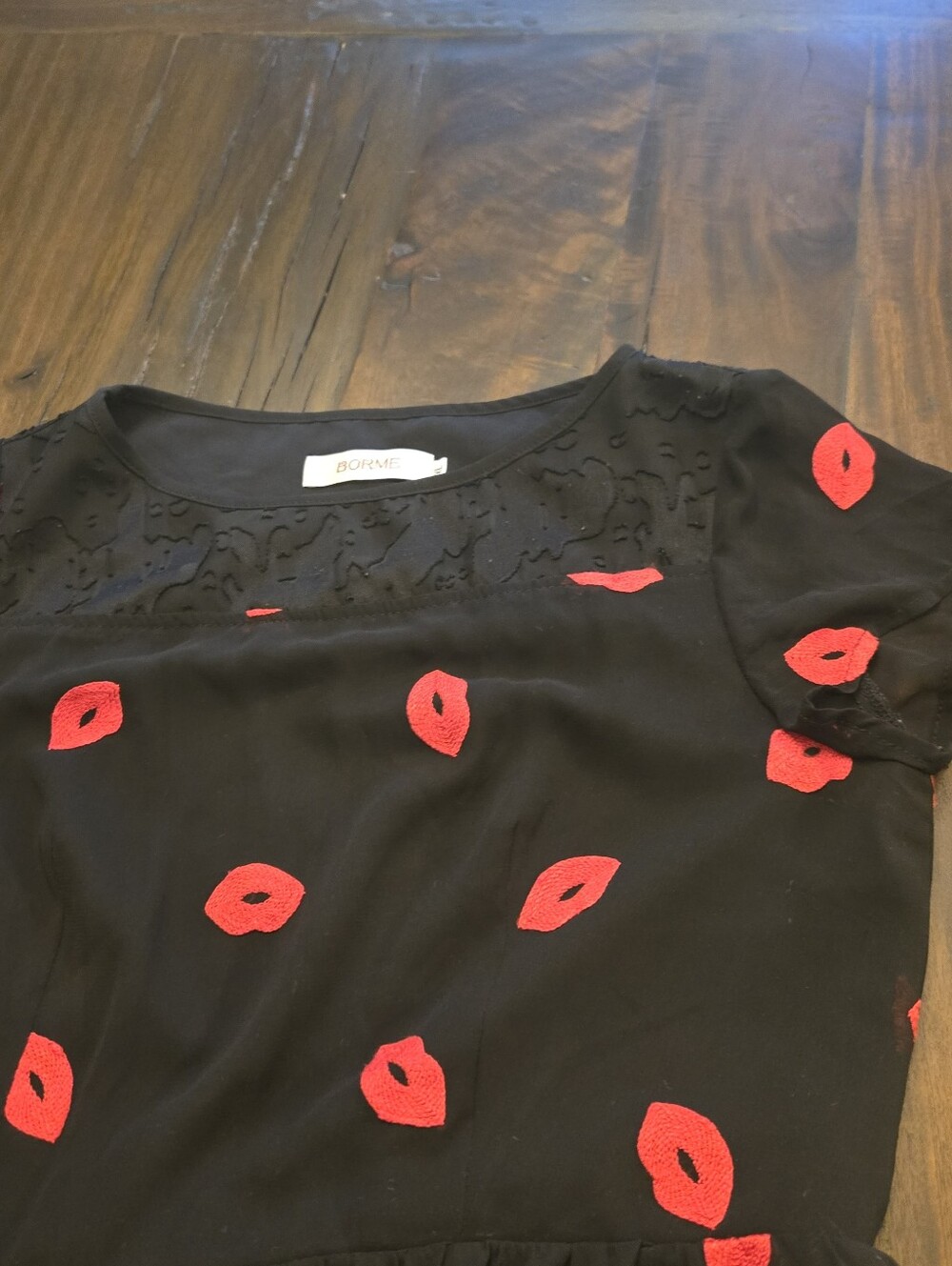 Borme Black Fit & Flare Dress Red Lip Print Lace Yoke Upper Neck XL - Picture 5 of 10